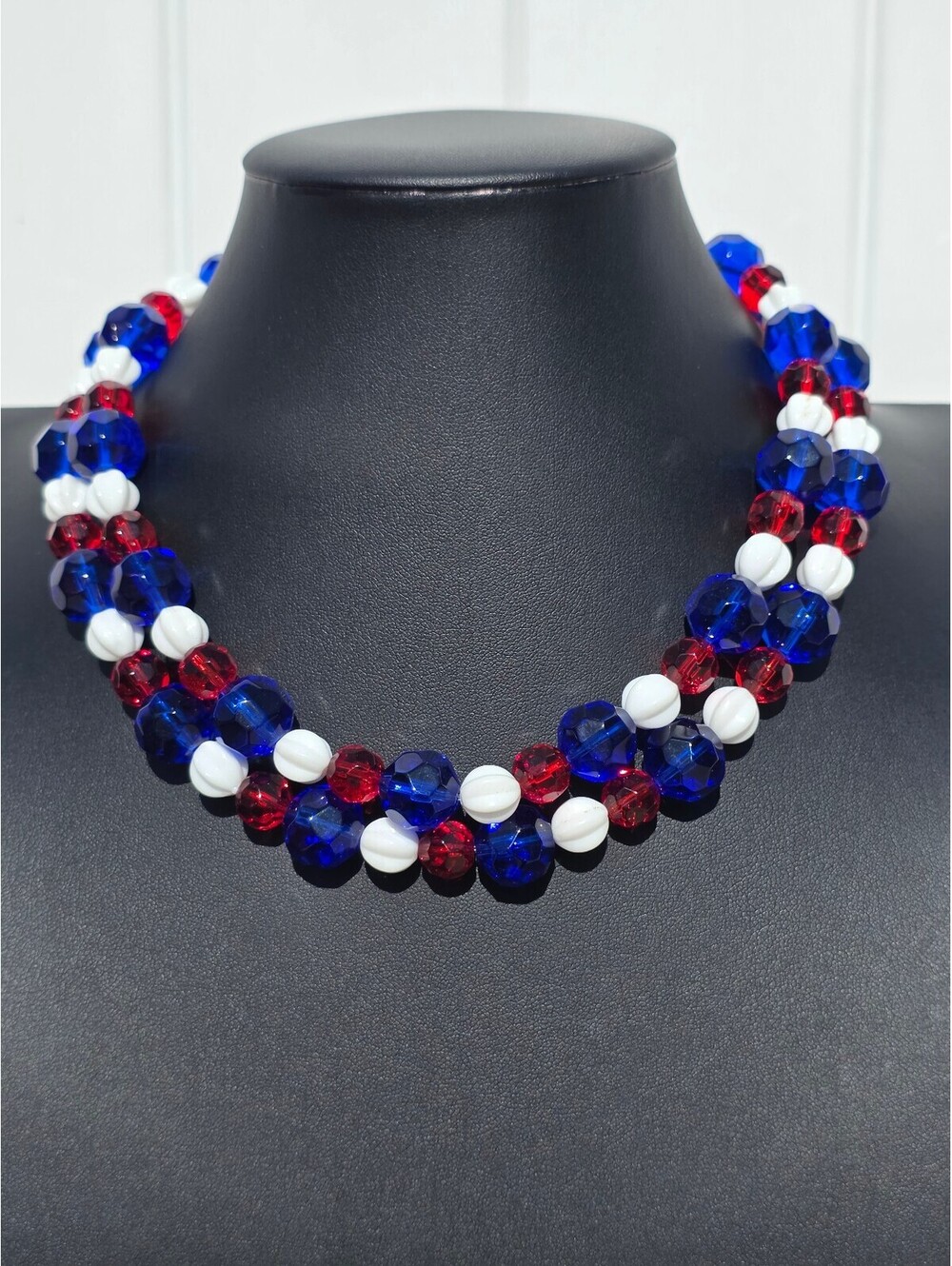Vintage 1940s Czech Glass Red White & Blue Patriotic Necklace, Two Strand UV 18”